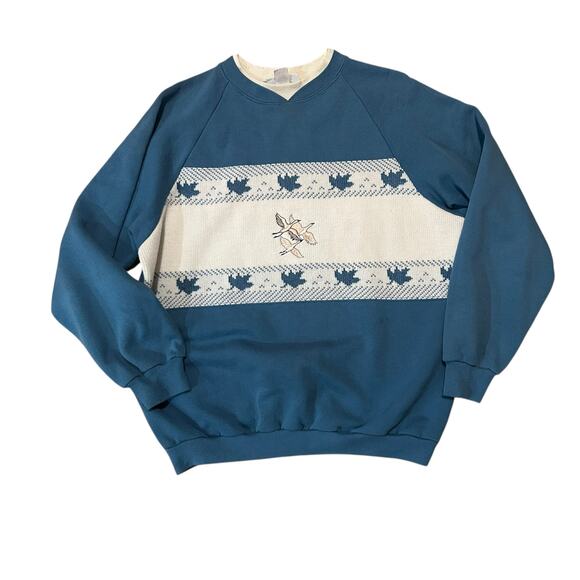 Vintage 90s Knit Swan Crewneck Sweatshirt Size Large Blue White Granny Cottage - Picture 1 of 5